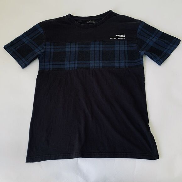 Zara Shirt Men Small Black Blue Buffalo Plaid Crewneck Quote Streetwear Preppy - Picture 1 of 7